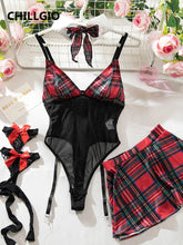 CHILLGIO Women Plaid Print Bodysuits Skirts 4 Pieces Sets Fashion Erotic Cosplay One Pieces Combination Strappy Rompers Lingerie Khamik Shop Online