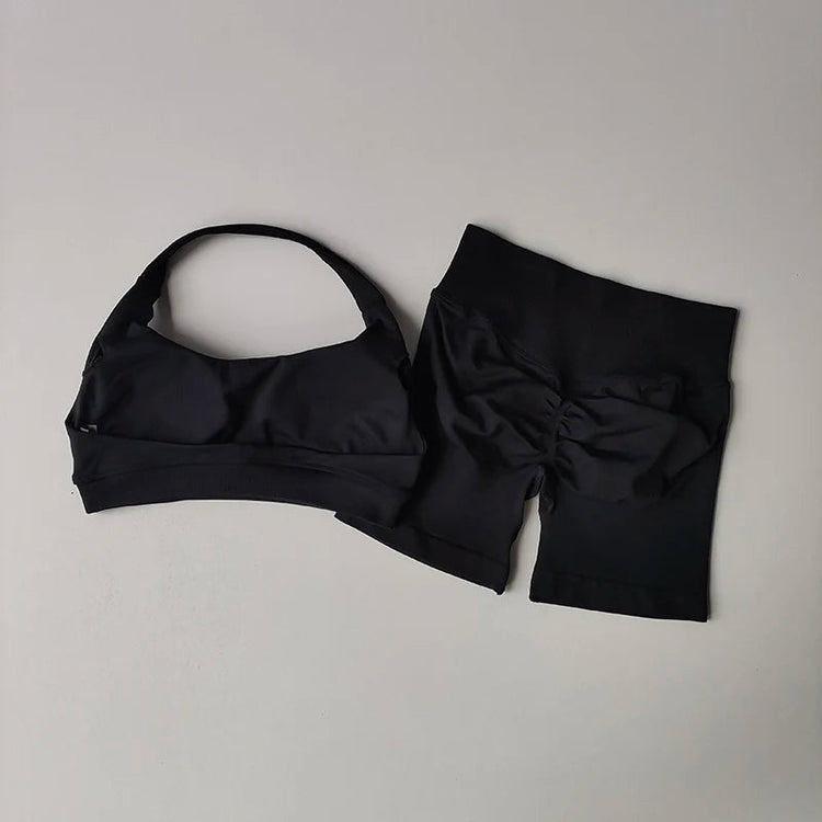 Sexy Halter Neck Beautiful Back High Waist Peach Sports Bras Shorts Suit Pilates Gathering Yoga Vest Training Fitness Bra Sets Khamik Shop Online