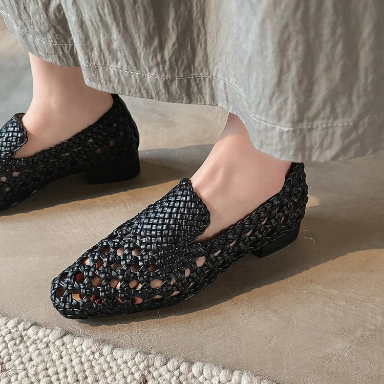 2026 Fashion Hot Sale Genuine Leather Braided Sandals Women Low Heel Breathable Summer Loafers Sandals Female Leisure Pumps Khamik Shop Online