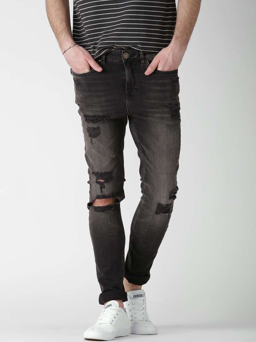 Jeans noir homme super-skinny taille mi-haute délavé foncé avec déchirures légères et 5 poches
