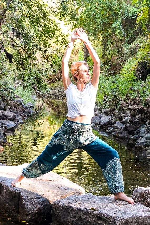 Teal FLORAL Women Boho Pants Hippie Pants Yoga Pants Tan Smokey