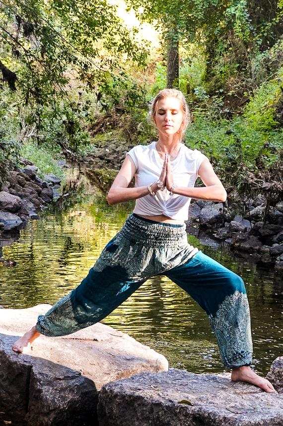 Teal FLORAL Women Boho Pants Hippie Pants Yoga Pants Tan Smokey