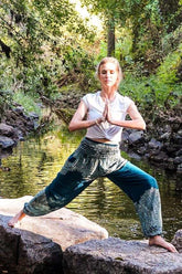 Teal FLORAL Women Boho Pants Hippie Pants Yoga Pants Tan Smokey