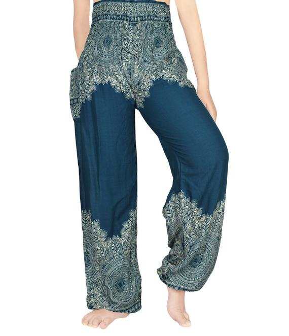 Teal FLORAL Women Boho Pants Hippie Pants Yoga Pants Tan Smokey