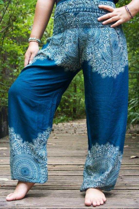 Teal FLORAL Women Boho Pants Hippie Pants Yoga Pants Tan Smokey
