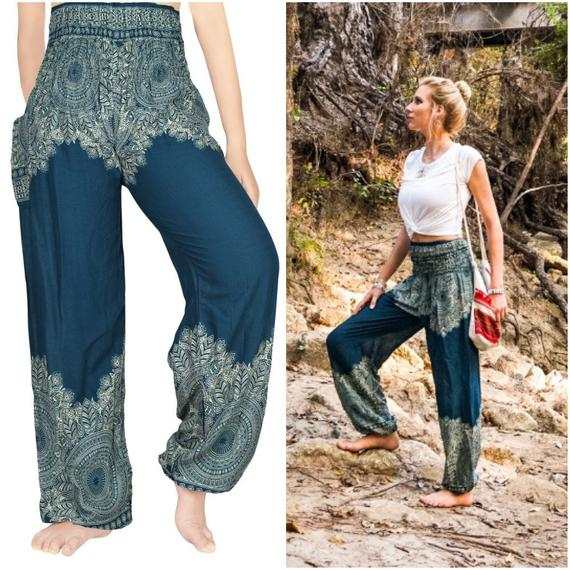 Teal FLORAL Women Boho Pants Hippie Pants Yoga Pants Tan Smokey