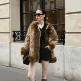Womens Leopard Print Hooded Faux Fur Collar Jacket Yellow Pandora