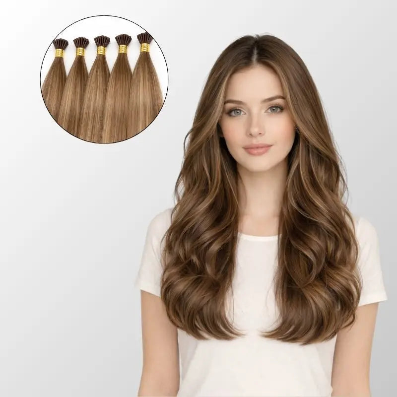 Honey Blonde Balayage (1A/1A+4Q) I-Tip Hair Extensions (50g-100g) Ivory Blackhaw
