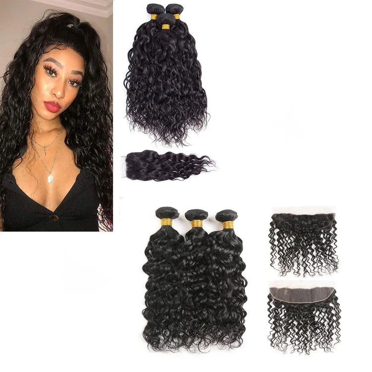 10A Grade 3/4 Water Wave Human Hair bundles with  4x4 Closures & 13x4 Cerise Alfie
