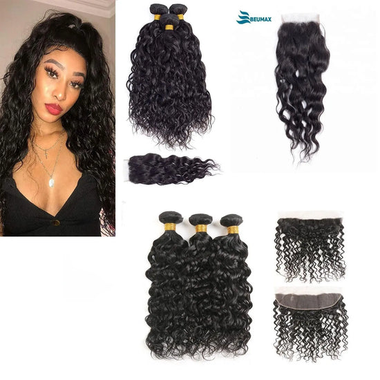 10A Grade 3/4 Water Wave Human Hair bundles with  4x4 Closures & 13x4 Cerise Alfie
