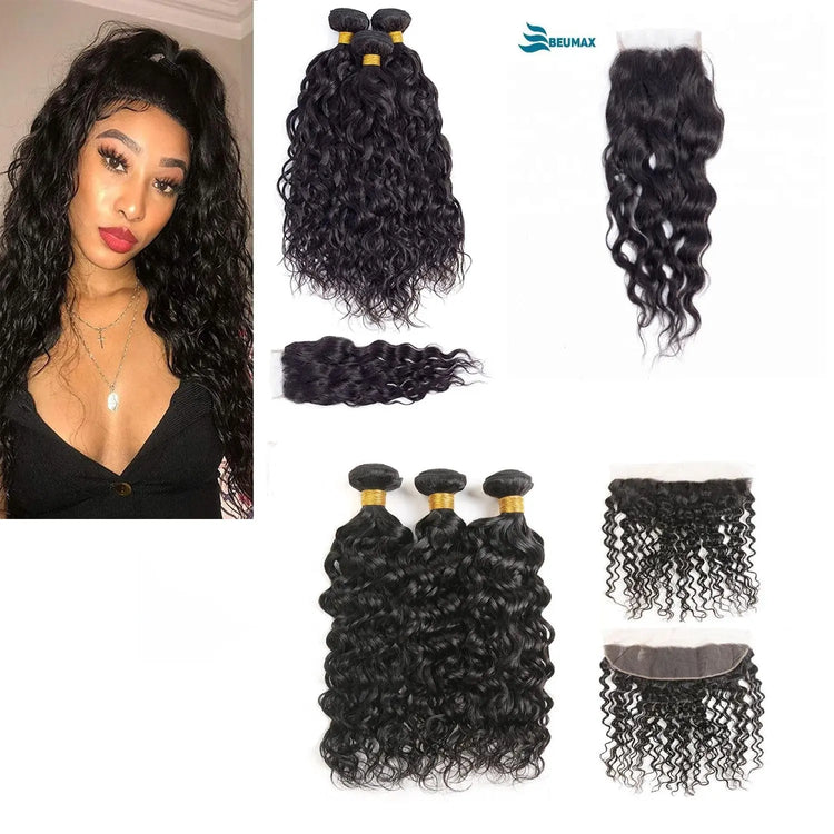 10A Grade 3/4 Water Wave Human Hair bundles with  4x4 Closures & 13x4 Cerise Alfie