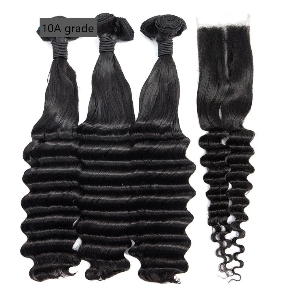 Brazilian 3/4 Fancy Deep Wavy Fumi Human Hair bundles with 4x4 Closure Cerise Alfie