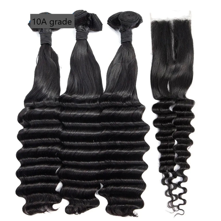 Brazilian 3/4 Fancy Deep Wavy Fumi Human Hair bundles with 4x4 Closure Cerise Alfie