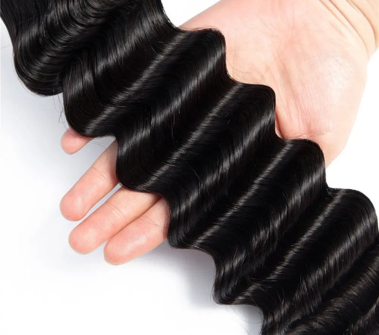 Brazilian 3/4 Fancy Deep Wavy Fumi Human Hair bundles with 4x4 Closure Cerise Alfie