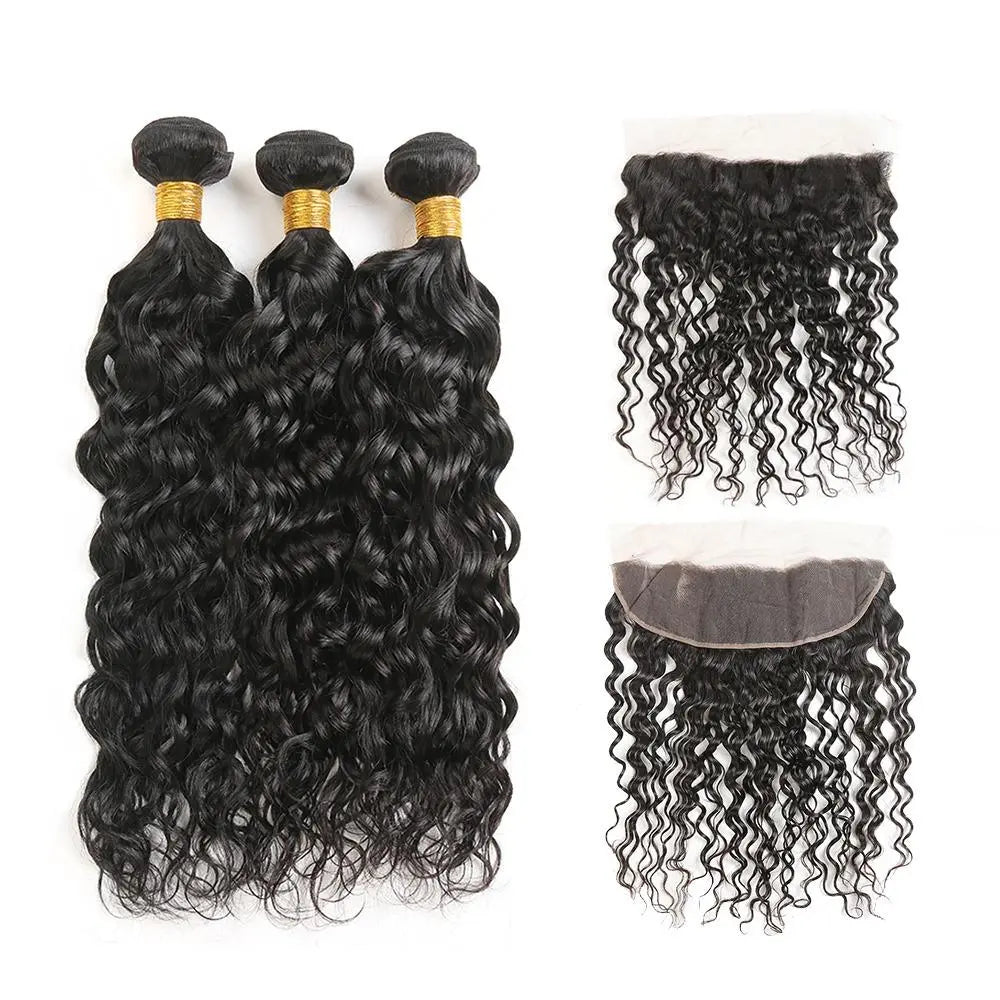 10A Grade 3/4 Water Wave Human Hair bundles with  4x4 Closures & 13x4 Cerise Alfie