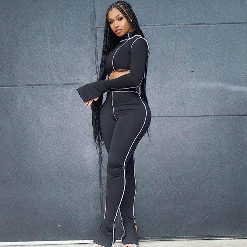 Ensemble sportif casual femme noir et blanc à manches longues et taille haute