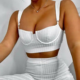 White Two Piece Set Women Knitted Tracksuit Sleeveless Strapless Crop Blue Charlie