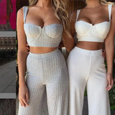 White Two Piece Set Women Knitted Tracksuit Sleeveless Strapless Crop Blue Charlie