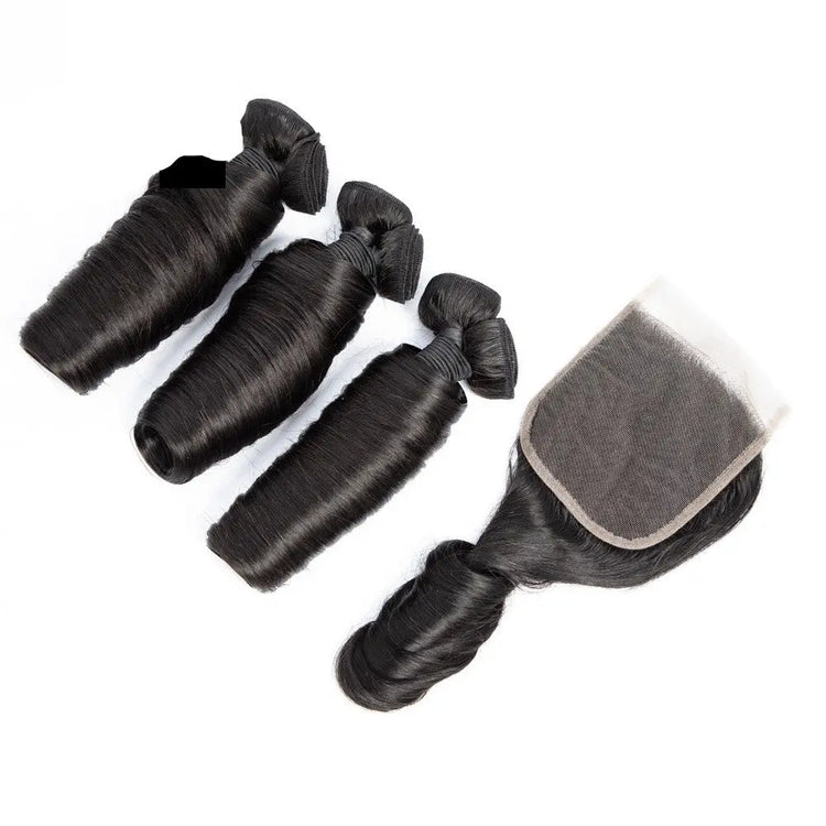 10A Grade 3/4 Straight Bouncy Curl Fumi Human Hair bundles with 4x4 Cl Cerise Alfie
