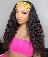 Headband Wig Water Wave Human Hair Scarf Wig No GLUE Easy Wear Cerise Alfie