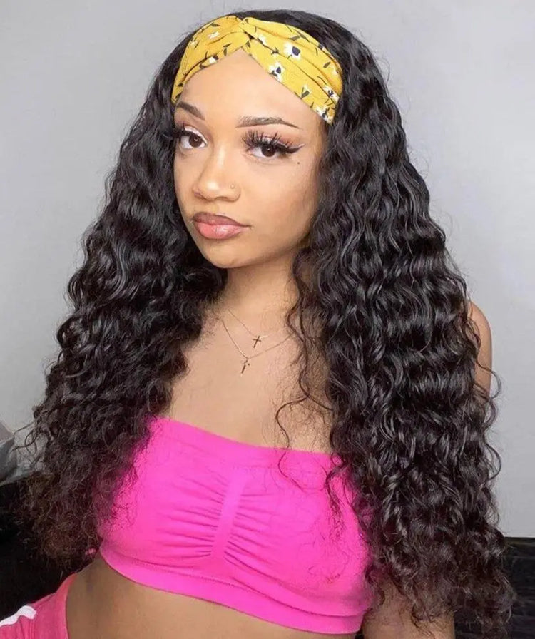 Headband Wig Water Wave Human Hair Scarf Wig No GLUE Easy Wear Cerise Alfie