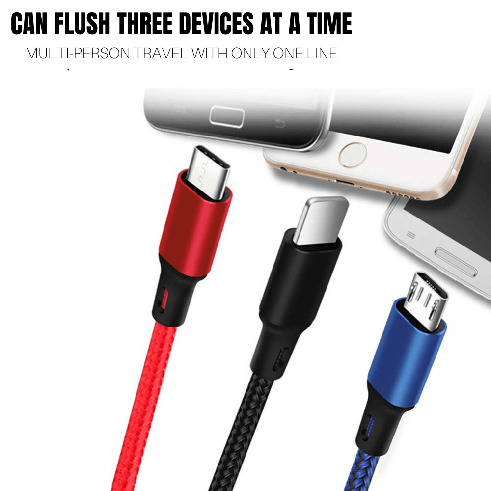 3-in-1 Nylon Braided 4FT 3A Charging Cable (8Pin, Type-C, Micro USB) Fuchsia Electra