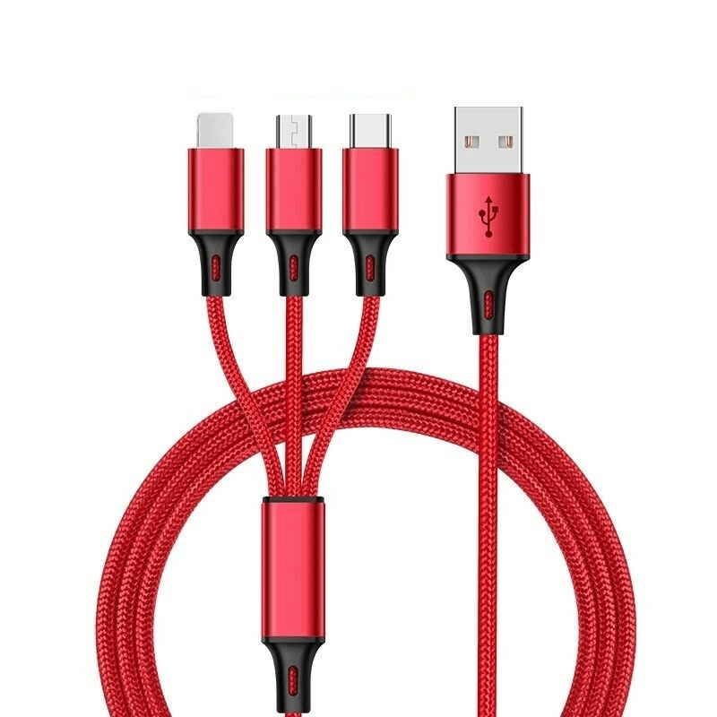 3-in-1 Nylon Braided 4FT 3A Charging Cable (8Pin, Type-C, Micro USB) Fuchsia Electra
