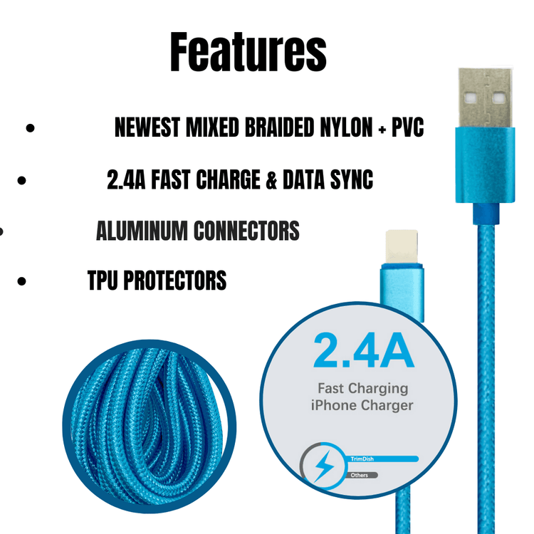PBG 10FT Nylon Woven Zebra Pattern Fast Charging Cable for iPhone and Fuchsia Electra