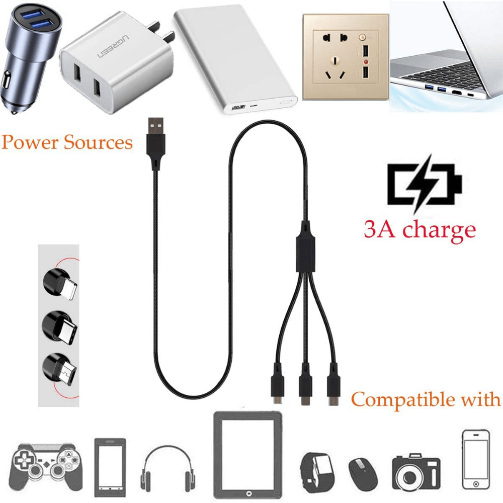 3-in-1 Nylon Braided 4FT 3A Charging Cable (8Pin, Type-C, Micro USB) Fuchsia Electra