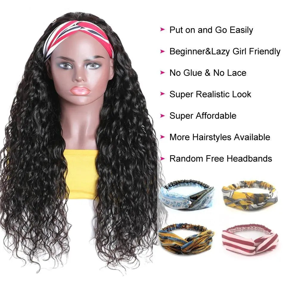 Headband Wig Water Wave Human Hair Scarf Wig No GLUE Easy Wear Cerise Alfie