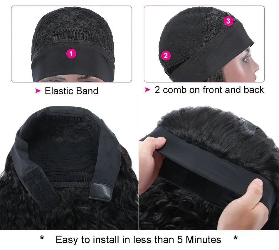 Headband Wig Water Wave Human Hair Scarf Wig No GLUE Easy Wear Cerise Alfie