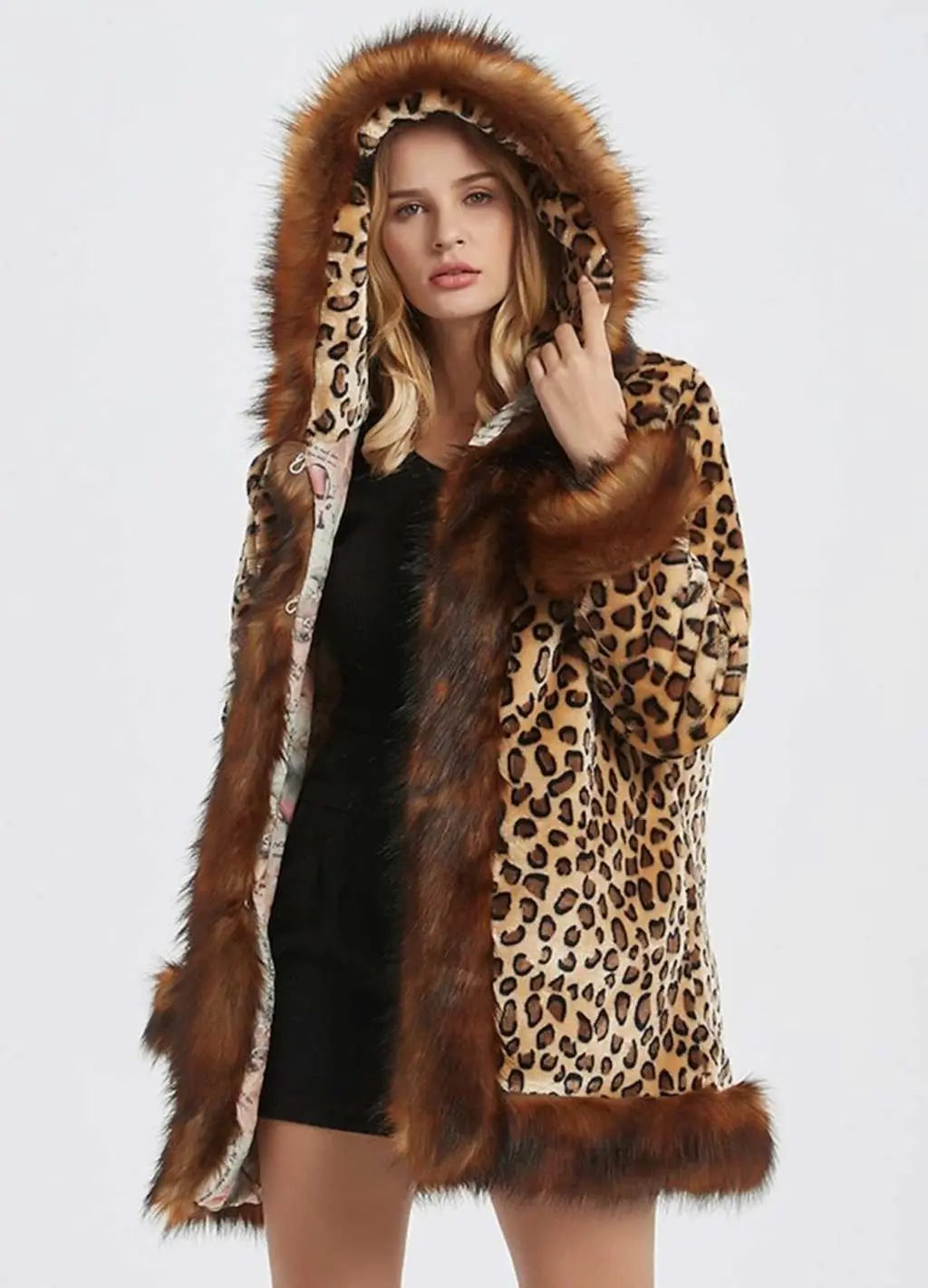 Womens Leopard Print Hooded Faux Fur Collar Jacket Yellow Pandora