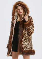 Womens Leopard Print Hooded Faux Fur Collar Jacket Yellow Pandora